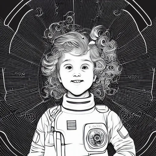 Image similar to clean simple line art of a cute little girl with short wavy curly hair. she is dressed as an astronaut. no background. well composed, clean coloring book page, beautiful detailed face. coloring book line art by artgerm and greg rutkowski and johanna basford and alphonse mucha