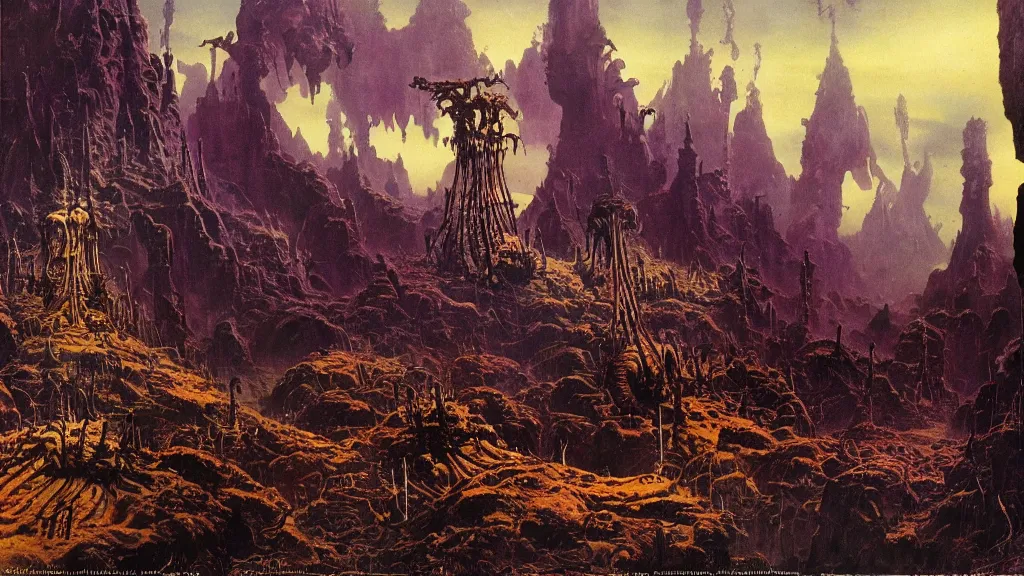 Image similar to surreal eerie alien planet empire with strange biomechanical plants by frank frazetta and bruce pennington, cinematic matte painting