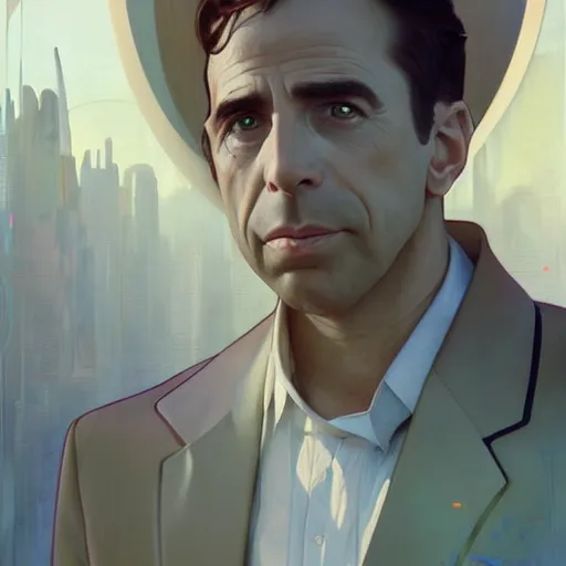 Prompt: beautiful delicate imaginative streamlined futuristic close up portrait of humphrey bogart sitting with elegant deadly looks, mechanical body on gold linings, smooth white and soft by ruan jia, tom bagshaw, alphonse mucha, krenz cushart, beautiful cyberpunk buildings in the background, epic sky, vray render, artstation, deviantart, pinterest, 5 0 0 px models