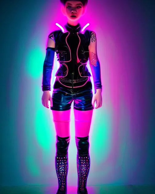 Image similar to full body shot of young punk woman dressed in futuristic cyberpunk clothing, colorful, night, soft neon light, bjork aesthetic, translucent, by rineke dijkstra and artgerm, intricate details, highly detailed, masterpiece, 8 5 mm