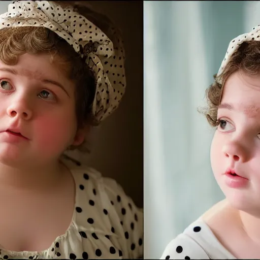 Prompt: charming and chubby girl, wearing a polka dot dress and a victorian - style hairdo on her head, sits in the large and bright studio. sunlight enters through the barred window. very realistic shiny skin. subsurface scattering shiny skin. beautiful lighting, 4 k post - processing, highly detailed, 5 k extremely detailed, 3 d. cinematic scene.