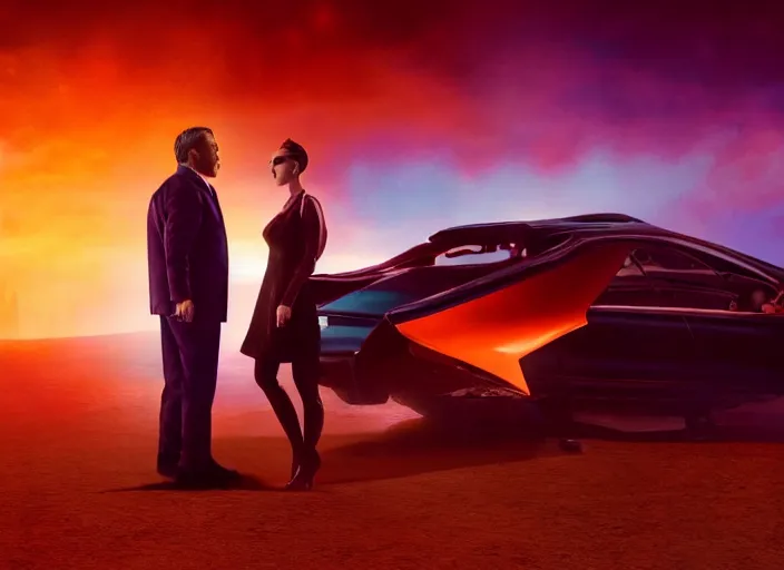 Image similar to a full shot, color cinema film still of saul goodman & katy perry in blade runner 2 0 4 9, cinematic lighting at night.