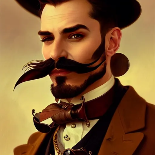 Prompt: a cinematic portrait scene male steampunk gentleman with a big mustache, intricate, elegant, highly detailed, digital painting, artstation, concept art, smooth, sharp focus, illustration, art by artgerm and greg rutkowski and alphonse mucha