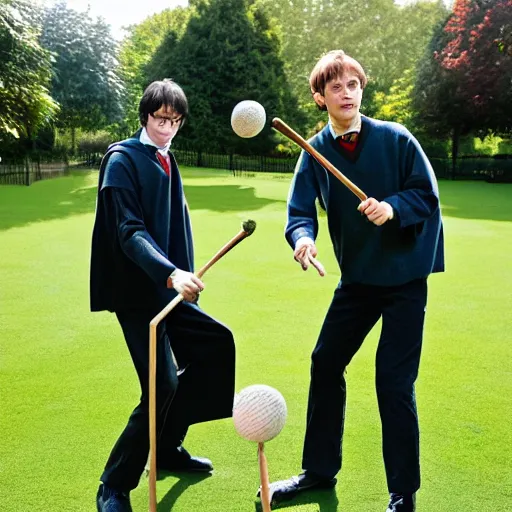 Image similar to Harry Potter and Voldemort play croquet in the garden at hogwarts