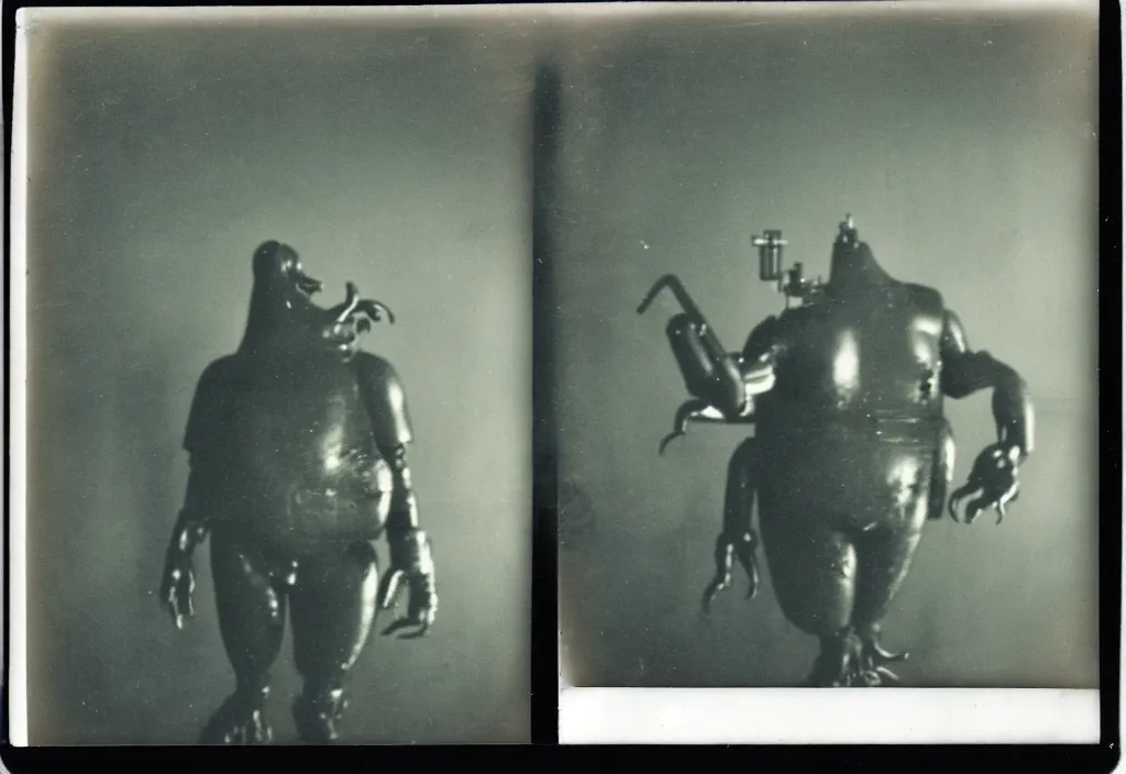 Image similar to dark old polaroid of an weird monster in a military lab