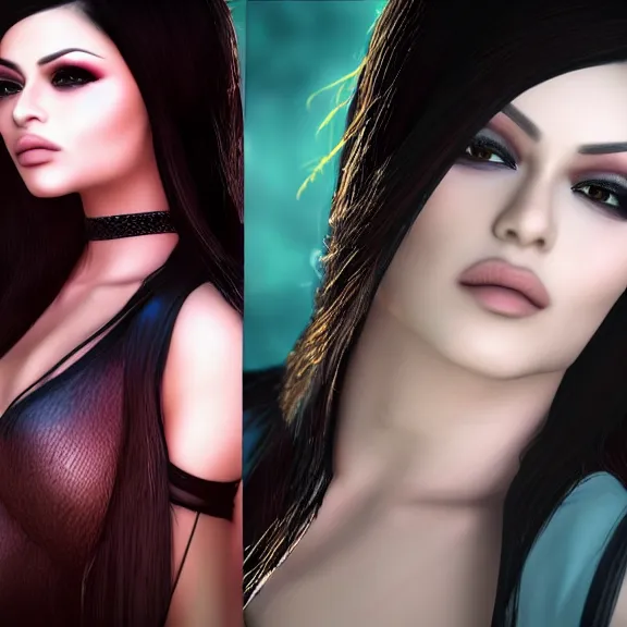 Prompt: portait of haifa wehbe, long hair centred, hd, very charming look, very detailed curve, unreal engine, final fantasy style, fairy tail background