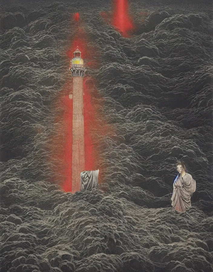 Image similar to worshippers in robes belonging to the cult of the lighthouse standing in waves with ravens flying overhead, a lighthouse, ravens, high detailed beksinski painting, part by adrian ghenie and gerhard richter. art by takato yamamoto. masterpiece, dark and moody, deep colours