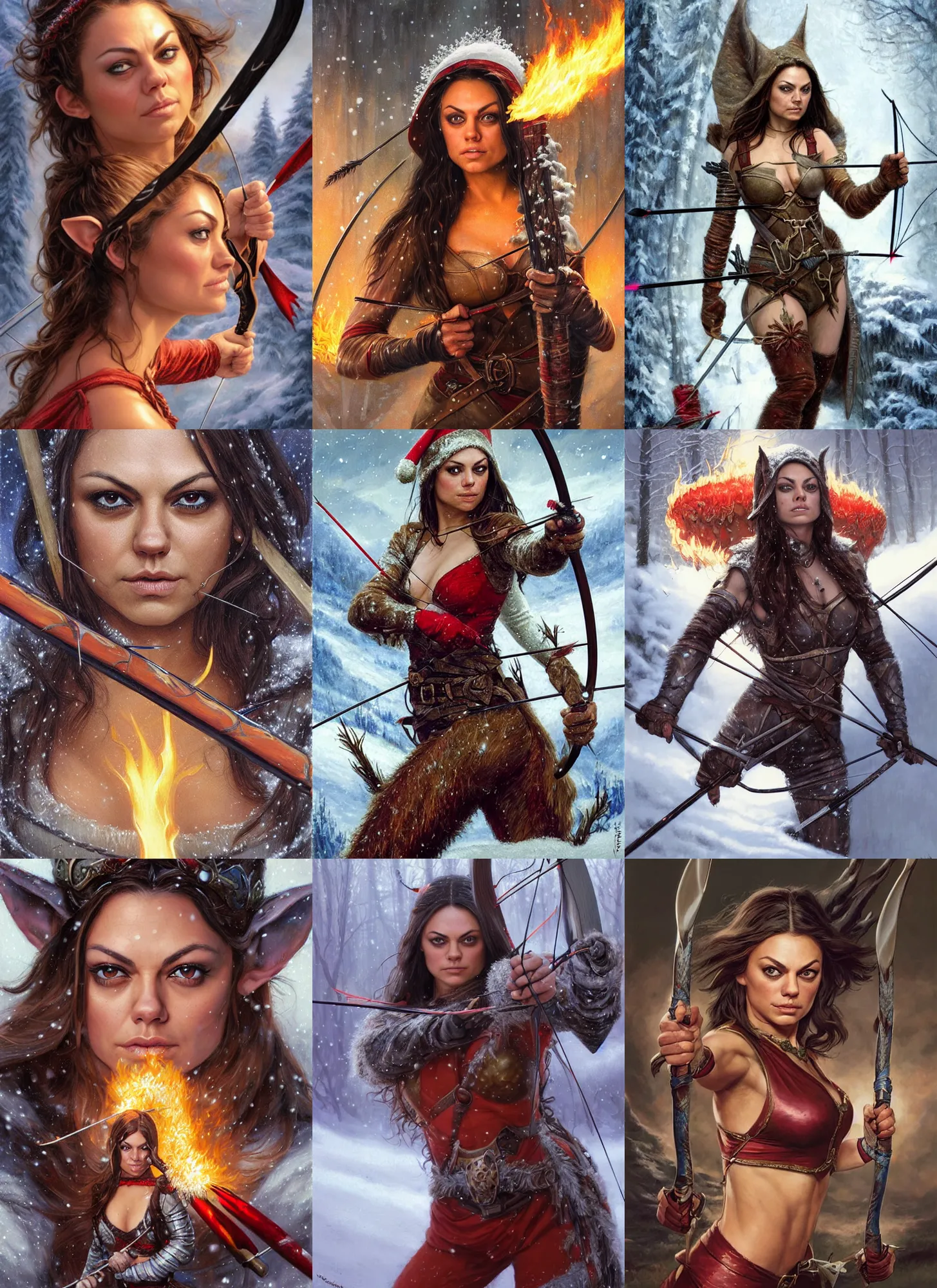 Image similar to face portrait of Mila Kunis as a muscled elf wielding huntsmen bow aiming a flaming arrow, snowy winter scene, Donato Giancola, Mark Brooks, Ralph Horsley, Charlie Bowater, Artgerm, Christopher Balaskas, Bastien Lecouffe-Deharme, Boris Vallejo