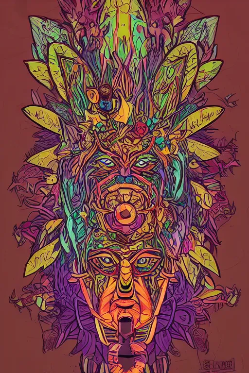 Image similar to animal mask totem roots flower tribal feather gemstone plant wood rock shaman vodoo video game vector cutout illustration vivid multicolor borderlands comics by josan gonzales and dan mumford radiating a glowing aura