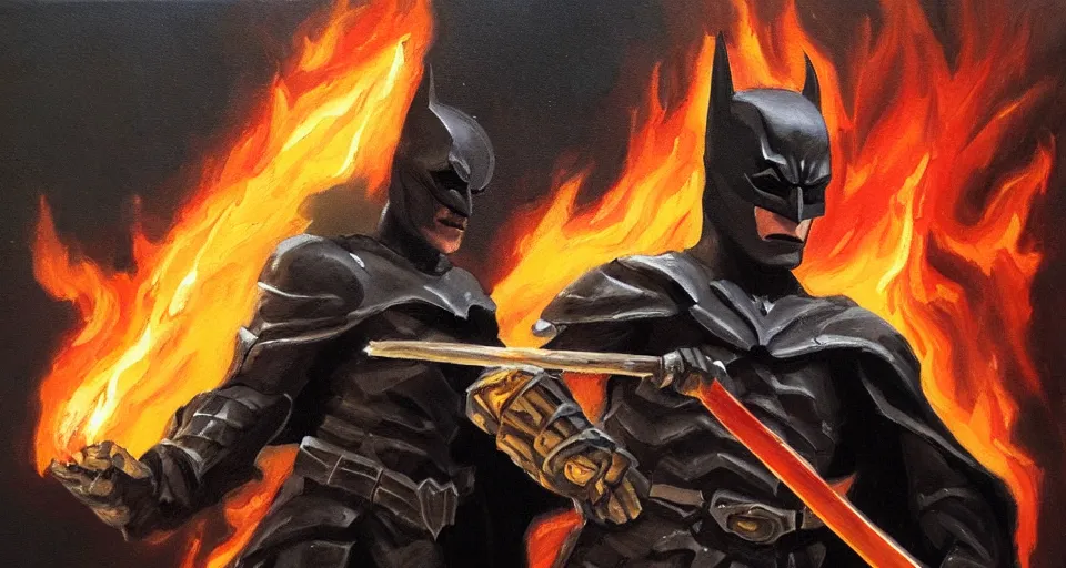 Image similar to An oil painting of a dark knight wielding a flaming sword