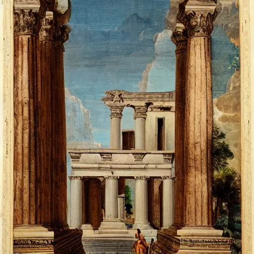 Prompt: A view ofthe gateway tothe Great Temple at Baalbec,by Paolo Veronese