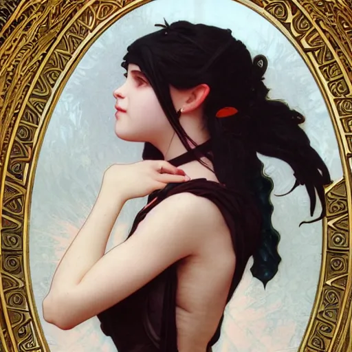 Image similar to goth girl opening her mouth full of sharp bloodstained teeth, intricate, art by artgerm and greg rutkowski and alphonse mucha and william - adolphe bouguereau, high detailed, 4 k,