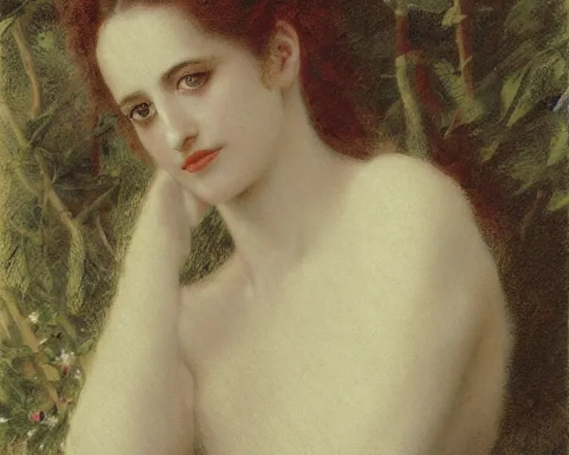 Image similar to portrait en buste of eva green, vesper lynd, vannessa ives in repose by Hughes Merle, by Pierre Auguste Cot, lackadaisical, aimless mood, perfectly detailed eyes, realistic fabric, abundant detail