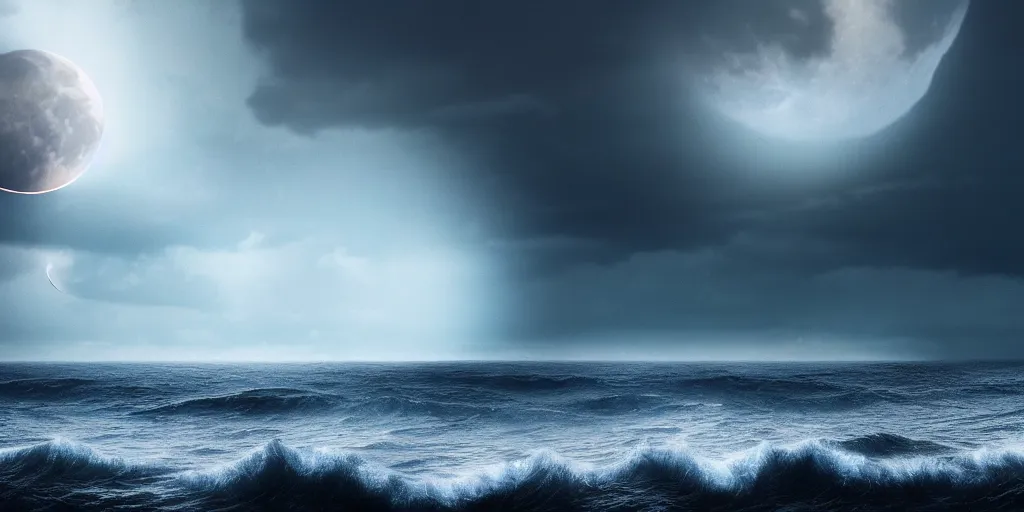 Prompt: the ocean, path through the ocean, wall of water either side, biblical, moses, during lunar eclipse, by stephen king, storm of all storms, end of the world, nature, cinematic, hyperrealistic, evil, dark, cgsociety, 8 k