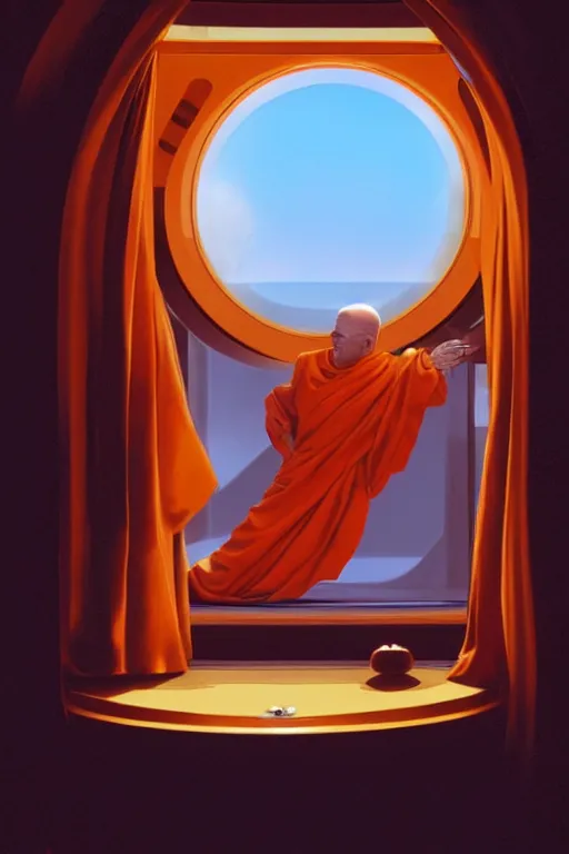 Image similar to portrait of a monk in a spaceship, looking out of a round window at nebula, orange robe, dramatic lighting, artstation, matte painting, ralph mcquarrie