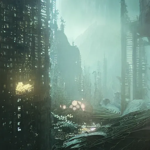 Image similar to kodak portra 8 0 0, infinitely detailed hd scenery ambience from nier automata, dream design, relief concept, majestic dream scenery smooth, sharp focus, an ultrafine detailed illustration by james jean, intricate linework, octane render, by ruan jia and nier automata detailed cybermagic atmospherics