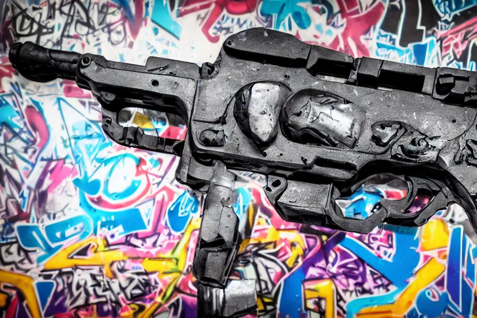 Prompt: cool style graffiti on a cyberpunk gun that says left