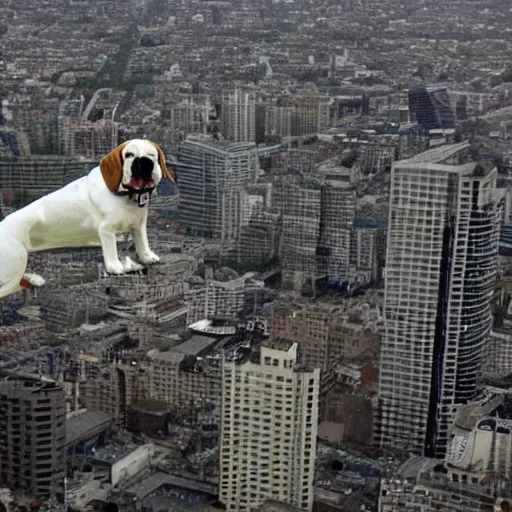 Prompt: photo of gigantic beagle dog over a city