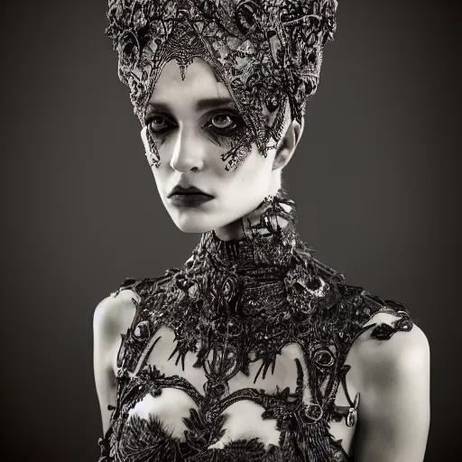 Image similar to a portrait of female model by stefan geselle and nekro borja, photorealistic, intricate details, hyper realistic, ornate headpiece, dark beauty, photorealistic, canon r 3, photography, wide shot, photography, dark beauty, symmetrical features