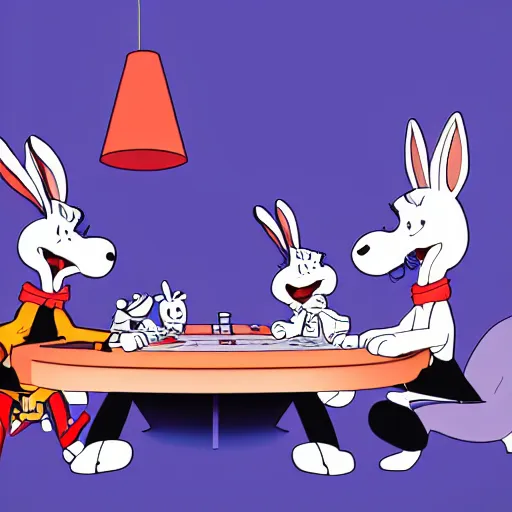 Prompt: a highly detailed vector picture of bugs bunny and captain cruch and snoopy and bender playing poker, octane render, 4 k resolution, trending on artstation, masterpiece