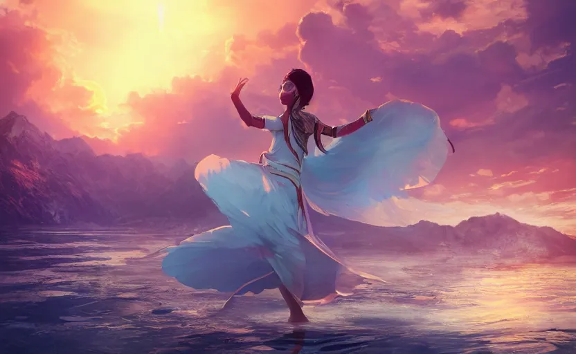 Prompt: Himalayan priestess dancing on water, beautiful flowing fabric, sunset, dramatic angle, 8k hdr pixiv dslr photo by Makoto Shinkai rossdraws and Wojtek Fus