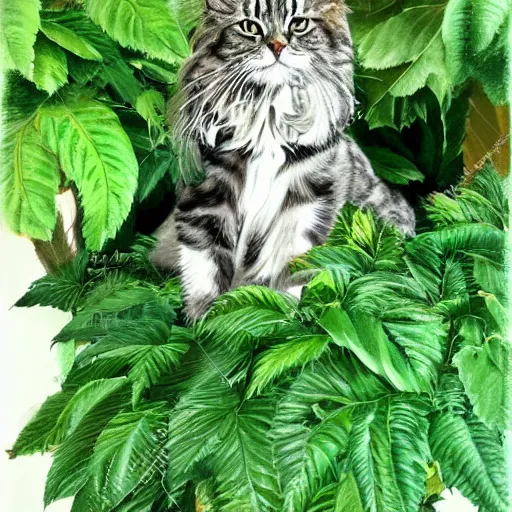 Prompt: a maincoon cat among big green leaves, realistic, very detailed,