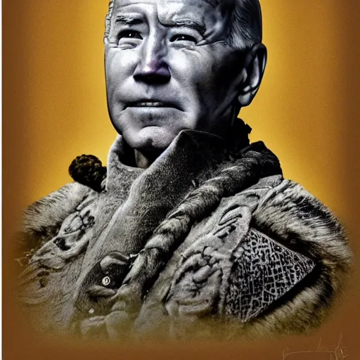 Prompt: joe biden as a mongolian warlord, ancient mongolian portrait art