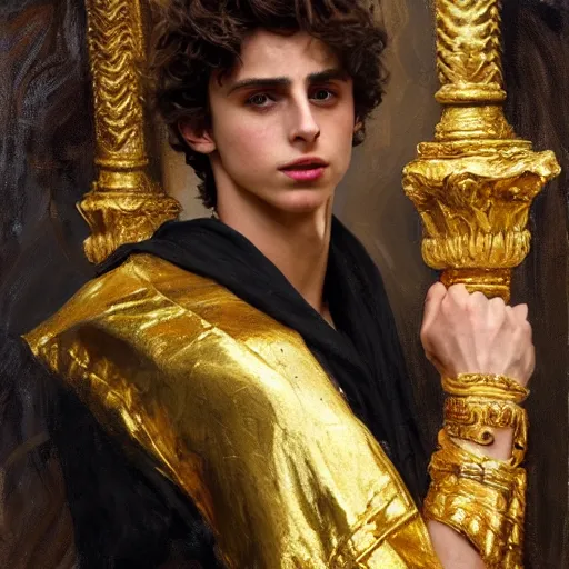 Image similar to detailed realistic cinematic wide shot of beautiful attractive muscular thimotee chalamet as roman empreror gold chain wearing royal red clothes slim face symettrical face clean skin black eyes black robe smooth, sharp focus, ultra realistic, spring light, painting by gaston bussiere, craig mullins, j. c. leyendecker