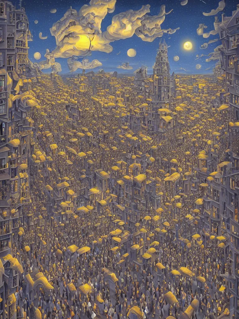 Image similar to A crowded street extending into the night sky, matte painting by Rob Gonsalves, in the style of Salvador Dalí, surrealism, magic realism, optical illusion art