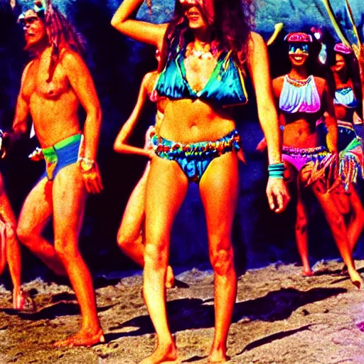 Image similar to expired fuji film photograph portrait of retro psychedelic hippy bikini queen dancing in arambol at shiva valley from 1 9 8 0, hyperrealism, photorealism, imax quality, 8 k