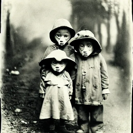 Image similar to portrait of children wearing hobo masks, photograph, style of atget, 1 9 1 0, creepy, dark