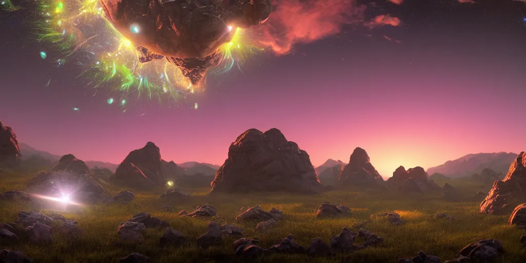 Prompt: strange rocky alien planet at dusk, glowing fireflies, nacreous clouds, nebula, ray tracing, refractive, hdr, award winning, trending on artstation, digital art. highly detailed 8 k. intricate. lifelike. soft light. nikon d 8 5 0.