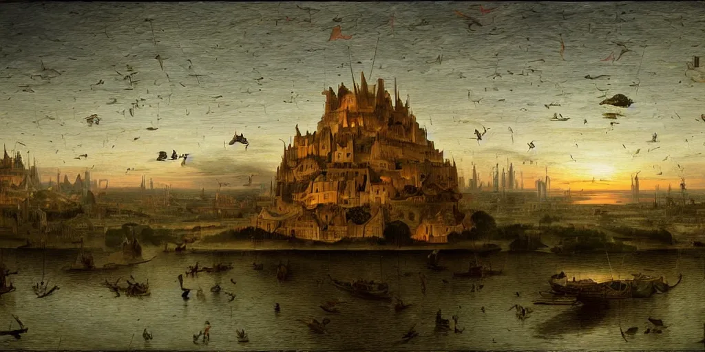 Image similar to floating islands at dusk megastructure in the style of heironymus bosch, intricate masterpiece, hyper detailed, hd