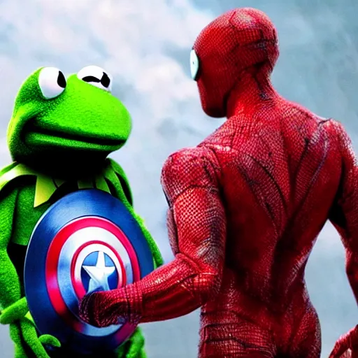 Prompt: still from marvel movie avengers 99 robert downey fighting evil kermit the frog 4k