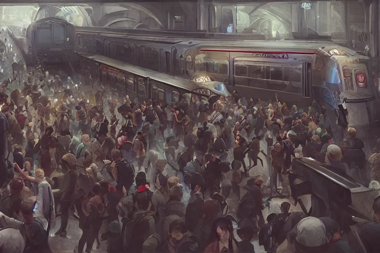 Prompt: subway mayhem as people rush to get on the train that is a chimera cat train, highly detailed, digital painting, artstation, concept art, smooth, sharp focus, illustration, art by greg rutkowski