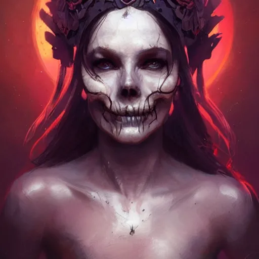 Image similar to a beautiful portrait of skull goddess by greg rutkowski and raymond swanland, dark background, trending on artstation