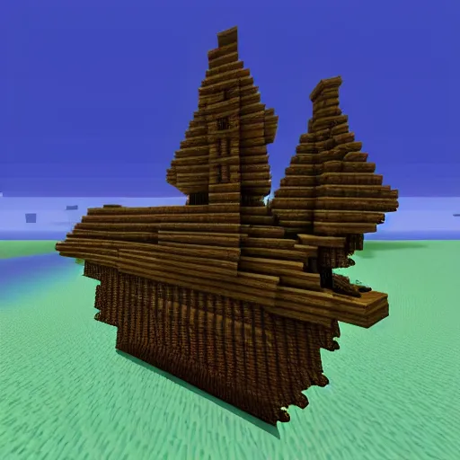 Prompt: flying dutchman wooden ship floating above an ocean biome, 1000 hour Minecraft build, building award winner 2019