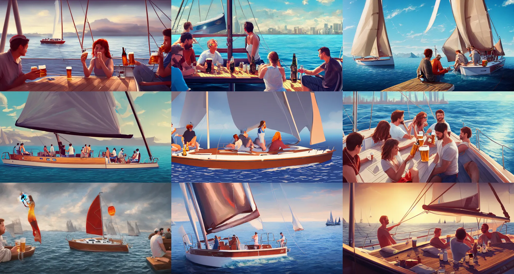 Prompt: people drinking beer on a sailboat, highly detailed, digital art, artstation, concept art, matte, sharp focus