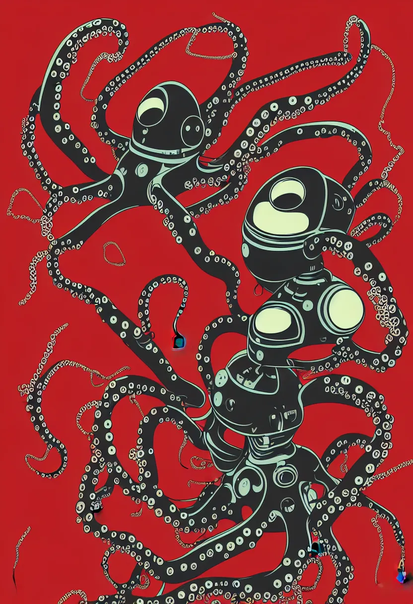 Image similar to concert poster for 'Grandpa Finger', dying robot octopus, vector art, 8k, highly detailed illustration