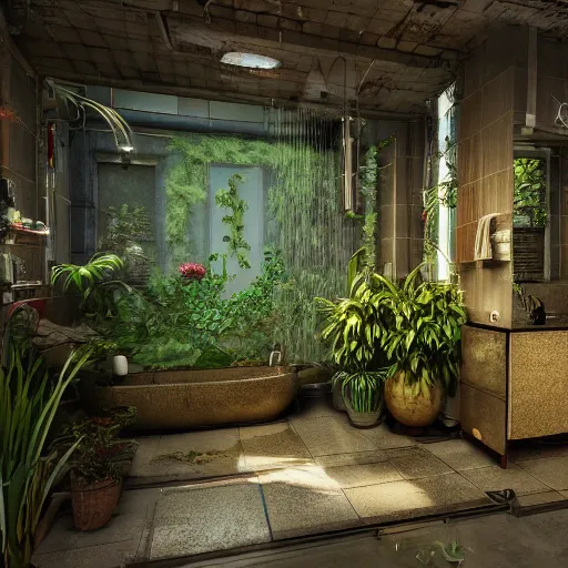 Image similar to a bathroom with a lot of plants inside of it, cyberpunk art by Gregory Crewdson, unsplash, ecological art, reimagined by industrial light and magic, rendered in unreal engine, diorama