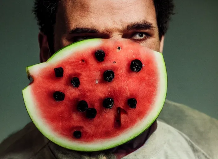 Image similar to film still of a man with a watermelon on his a head in the new horror movie, 4 k