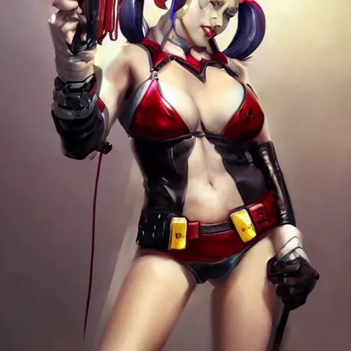 Image similar to portrait of anime Harley Quinn in bikini armor, dc comics, cyberpunk, Warhammer 40000, dark fantasy, digital art from artstation by Ruan Jia and Mandy Jurgens and Artgerm and william-adolphe bouguereau