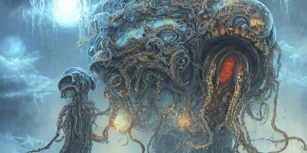 Image similar to concept art of giant translucent glowing jellyfishes, lovecraftian divers helmet, lots of teeth, melting horror, round moon, rich clouds, fighting the horrors of the unknown, high resolution, very detailed, volumetric light, mist, grim, fine art, decaying, textured oil over canvas, epic fantasy art, very colorful, ornate, anato finnstark