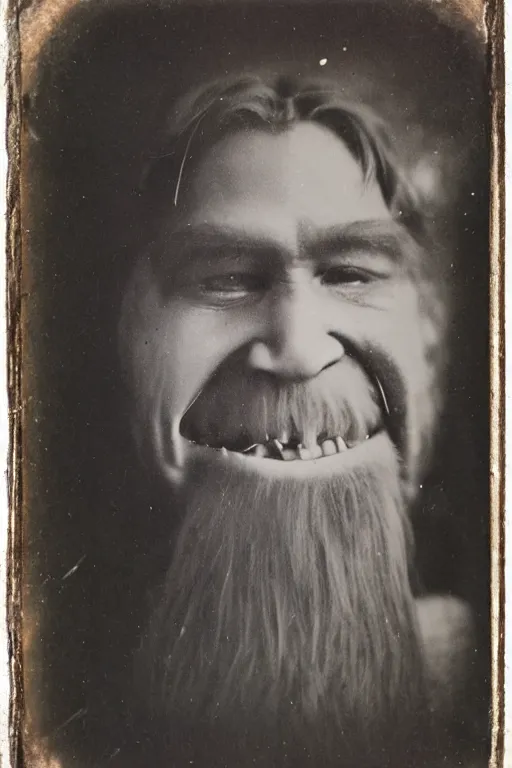 Image similar to a tintype photograph of bigfoot smiling