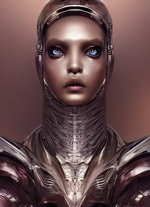 Image similar to beautiful portrait of an alien cyborg, style of Feng Zhu, Artstation geometric, aesthetic, big eyes, smooth skin, angelic, unique features, symmetrical, intricate crown, high fashion, streetwear, cyberpunk, detailed, octane render, cinematic, 8k, brown skin, retro sci fi film, Stanisław Szukalski + Moebius,