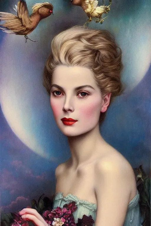 Image similar to A young and extremely beautiful Grace Kelly explaining the birds and the bees by Tom Bagshaw in the style of a modern Gaston Bussière, art nouveau, art deco, surrealism. Extremely lush detail. Melancholic night scene. Perfect composition and lighting. Profoundly surreal. High-contrast lush surrealistic photorealism. Sultry and mischievous expression on her face.