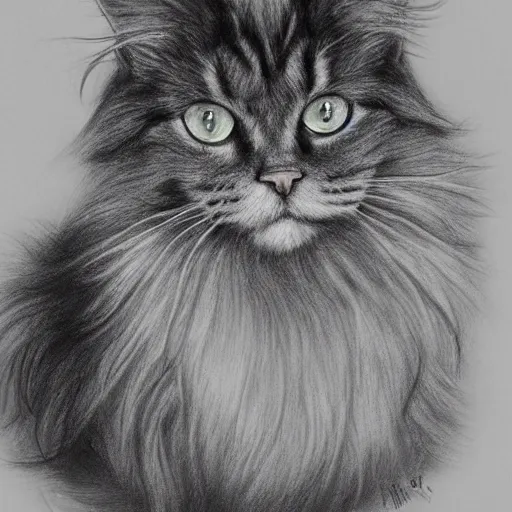 Image similar to long - haired siberian cat, illustration, charcoal, coulson, peter