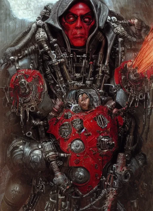 Image similar to portrait of rotten Nicolas Cage as adeptus mechanicus in red hood and robe from Warhammer 40000. Highly detailed, artstation, illustration by and John Blanche and zdislav beksinski and wayne barlowe