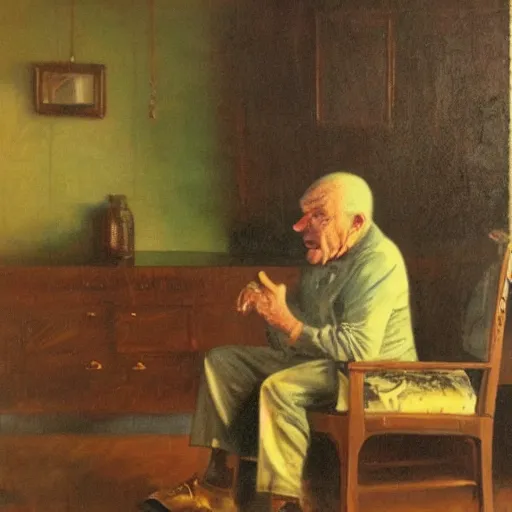 Image similar to angry old man in chair inside a dark house, painting by by ralph grady james, jean christian biville