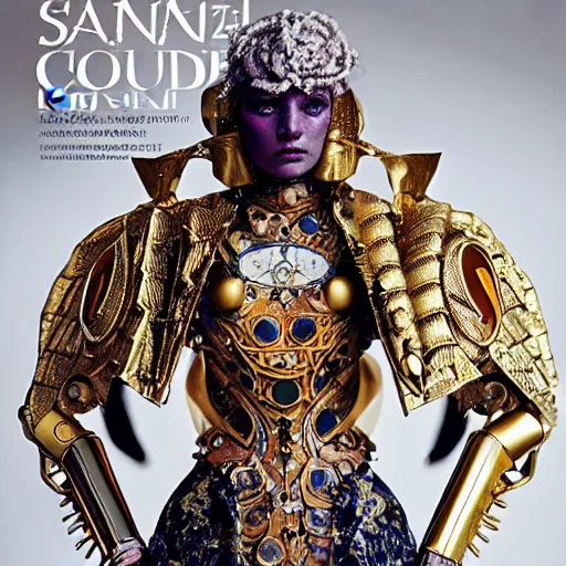 Image similar to haute couture scale armour sf paladin editorial by klimt, biomechanical hornet with metal couture wings by malczewski, ornate wh 4 0 k chaos lord in gold, bismuth and obsidian by giger, on bloody cosmic battleground by alphonse mucha